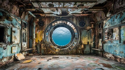 Fototapeta premium A round porthole in the hull of a sunken ship reveals the ocean beyond, with light filtering through the water.