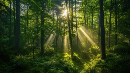 Fototapeta premium Lush green forest with sun rays filtering through the trees
