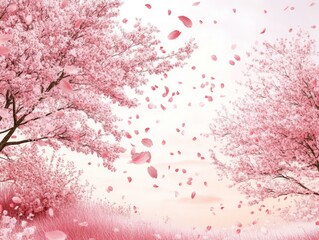 Obraz premium Cherry blossom trees in full bloom with pink petals falling gently