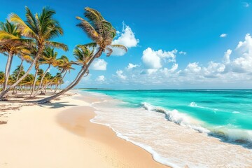 Golden beach with turquoise water and palm trees swaying in the wind