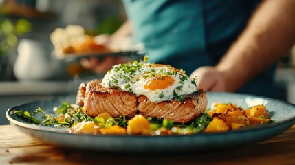 A juicy salmon steak grilled to perfection, set on a bed of fresh greens and golden potatoes, and topped with sunny-side-up eggs for a hearty, appetizing dish.