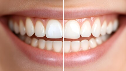 Side-by-side comparison of teeth before and after professional whitening, showing the dramatic difference in brightness from stained to brilliantly white