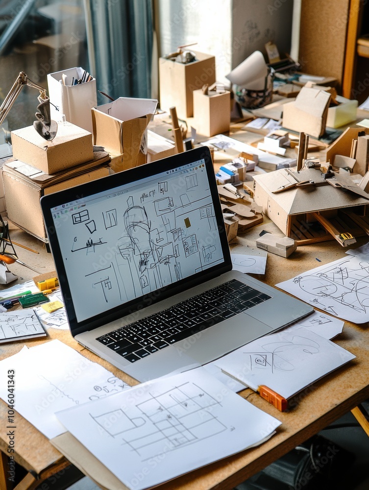 Fototapete A laptop shows design sketches while sketches and cardboard models clutter the table in a bright workspace during daytime. Generative AI