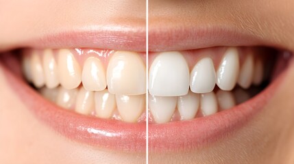 Side-by-side comparison images of teeth before and after professional whitening, highlighting the removal of discoloration, Crisp Focus, Natural Lighting, Photorealistic