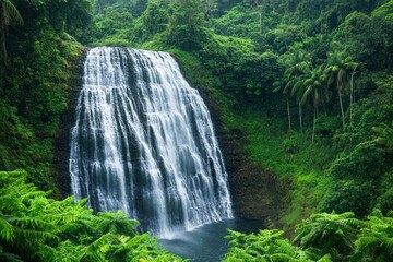 Cascading waterfall in a dense rainforest with lush greenery