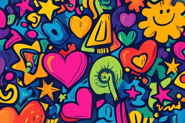 Fototapeta premium This artwork features an explosion of colorful doodles including stars, hearts, and flowers, showcasing vibrant artistic expression. Generative AI