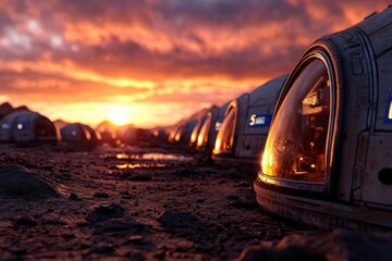 A futuristic Martian colony depicted with glowing habitation pods under a vibrant sunset, showcasing humanity's adventurous spirit and technological advancements.