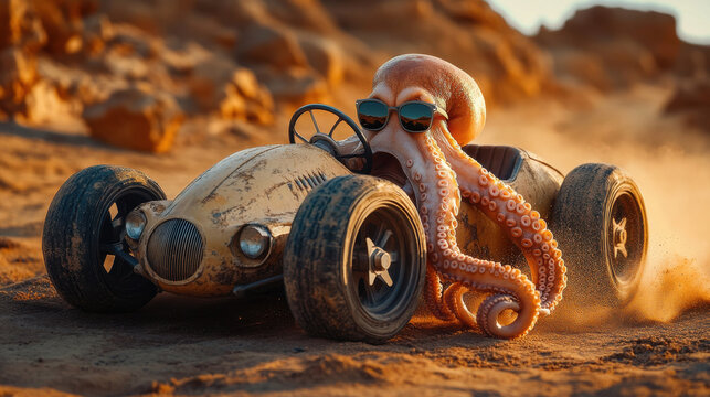 A stylish octopus wearing sunglasses drives a vintage race car through a dusty desert landscape.