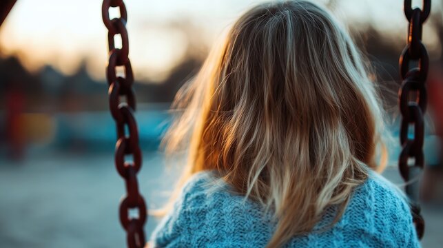 A child with flowing hair sits on a swing facing away, bathed in golden evening light. The scene captures the carefree essence of youth in a nostalgic setting.