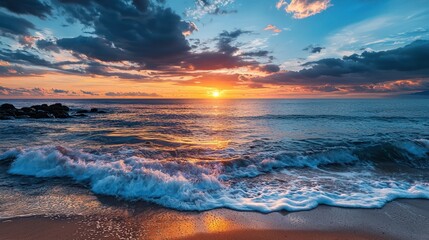 Dramatic sunset view from the beach, panoramic wallpaper background