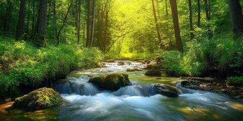 Stream running through a forest with natural, peaceful scenery for wallpaper