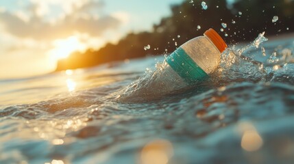 A single plastic bottle riding the sea waves during a golden sunset, symbolizing the urgent need to address marine pollution and protect our natural resources.