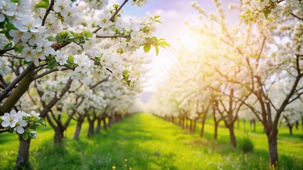 Spring landscape with white flowers of apple trees, soft focus, leading lines in nature background