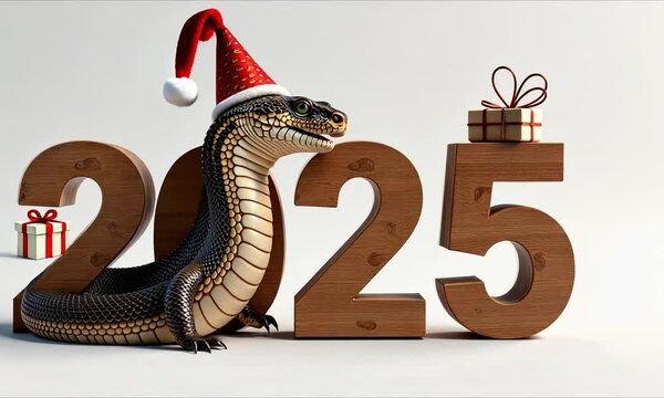 Festive python with santa hat beside 2025 gift box celebrating upcoming holidays in unique christmas and new year gifts