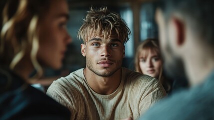 A man intensely engaged in a conversation, surrounded by colleagues, conveying communication and teamwork dynamics in a collaborative workspace.