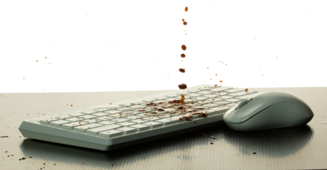 Morning Coffee spill on keyboard mouse and splashing around. Black Coffee drink accident fall spill all over keyboard computer. White background isolated element