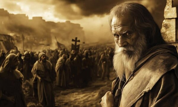 Medieval Dusty Biblical Theme Crowded Streets with a Grumpy Angry Old Man Looking at the Camera