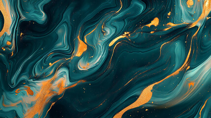 Luxurious Marbling Background Paint Swirls in Beautiful Teal and Orange colors with Gold Powder 