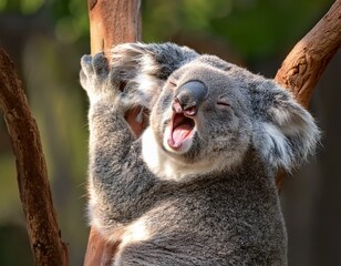koala yawning on a tree