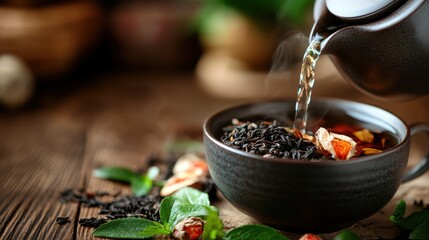 Pouring hot tea into a black cup surrounded by loose tea leaves, herbs, and flowers on a rustic wooden surface, creating a warm and inviting atmosphere.