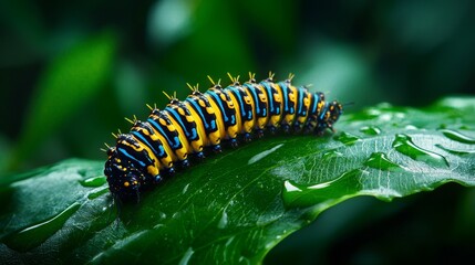 Fototapeta premium Tropical caterpillar with vivid blue and yellow colors on a large glossy leaf, surrounded by soft mist, exotic rainforest background