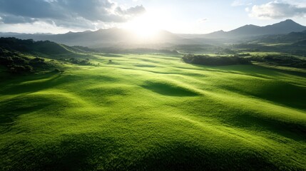 Fototapeta premium A breathtaking view of lush, green hills bathed in golden sunlight with majestic mountains on the horizon under a partly cloudy sky captured in serene beauty.