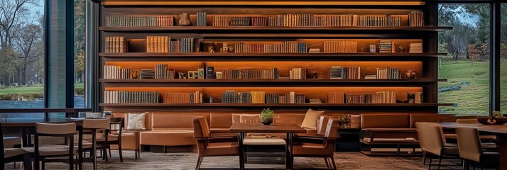 Modern Hotel Lobby Interior Design with Library, Comfortable Seating, and Natural Views