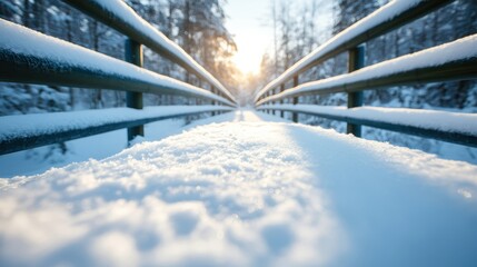 The gentle sun casts a warm glow on a snow-laden bridge crossing through a tranquil forest, melding nature's beauty with man-made structure harmoniously.