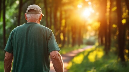 Obraz premium A man casually strolls through a summer forest beneath a golden sunset, shrouded in vibrant light and natural beauty, creating a harmonious and serene setting.