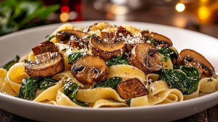Plate of gourmet pasta featuring sauteed mushrooms and spinach, with intense red light adding depth and warmth, rich textures and vibrant colors