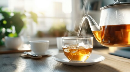 A steaming pot of tea is being poured into a glass cup in a well-lit kitchen, creating a warm ambiance with visible sunlight streaming through the windows.