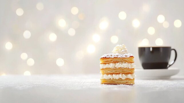   A slice of cake perched atop a white table, adjacent to a cup of java resting on a saucer
