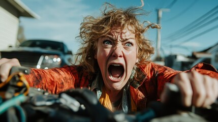 A dramatic image of a woman in a plaid shirt with wild hair, expressing intense emotion and determination outdoors, against a background of dynamic energy and action.