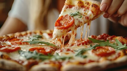 A person lifts a slice of delicious pizza topped with fresh arugula and bubbling mozzarella cheese, capturing the perfect moment of savory indulgence.