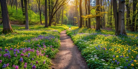 Naklejka premium Spring nature walk with blooming wildflowers and forest trail