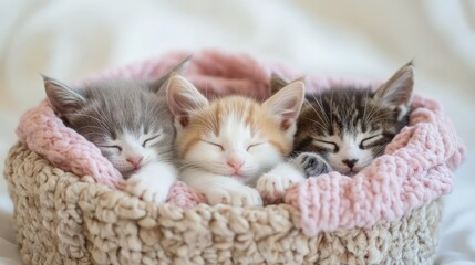 Cute kittens sleeping in a cozy basket with soft pastel colors