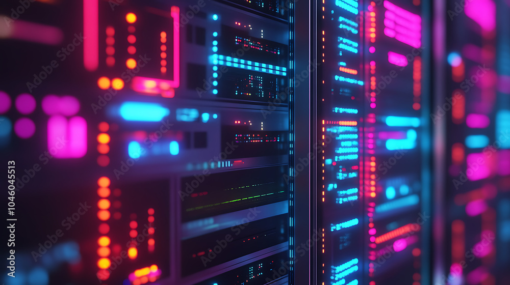 Poster Modern Rack LED console in server room data center 