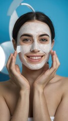 Relaxed woman with closed eyes enjoying skincare routine, wearing white knickers