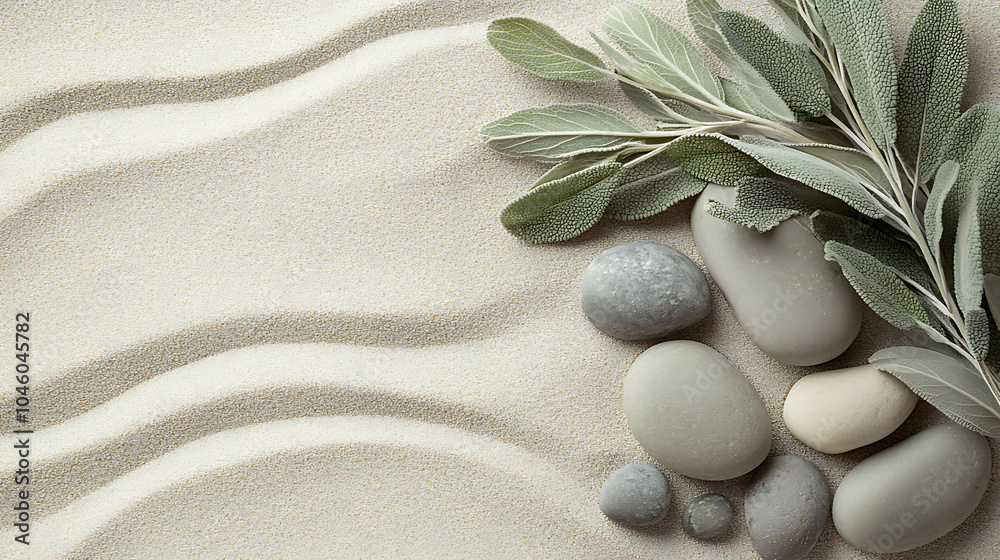 Poster natural harmony sage twig and pebble rocks on sand serene botanical background