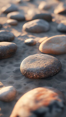 depiction of round, spherical Moqui stones on a simple, natural surface, rounded shapes with varying sizes, showcasing typical reddish and brown hues. 