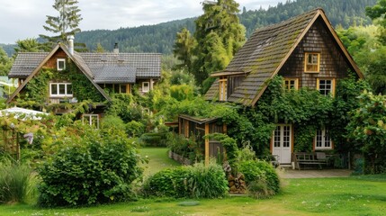 A Wooden House Covered in Vines in a Lush Garden