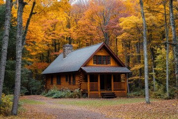 Cozy fall cabin surrounded by trees in full autumn colors