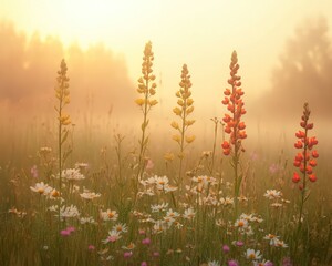 Soft focus wildflowers in a misty meadow with warm natural tones