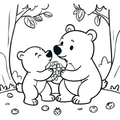 Obraz premium Cute Baby Bear and Parent Sharing Berries - Sweet Forest Family Coloring Page