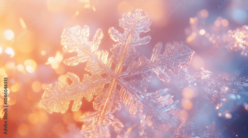 Aufkleber Glowing snowflakes in icy shades create an enchanting display against a warm, shimmering backdrop, evoking a winter wonderland. Generative AI