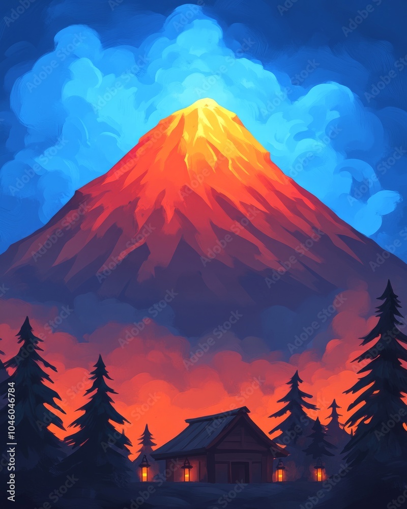 Canvas Prints A vibrant volcanic landscape with a cozy cabin and glowing trees at dusk.