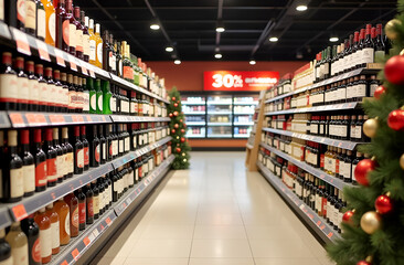 Christmas or New Year's sale in a liquor supermarket or store