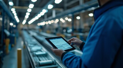 Factory worker using tablet for real-time production monitoring in warehouse