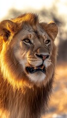 Fototapeta premium Portrait of a Majestic Lion, Golden Light, Wildlife Photography, African Safari, King of the Jungle
