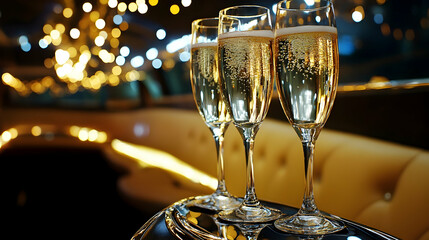 Champagne glasses inside a limousine with room for text. illustrations